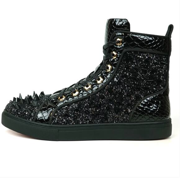 FI-2369 Black Glitter Black Spikes Lace up High top Sneaker Encore by Fiesso main image 10